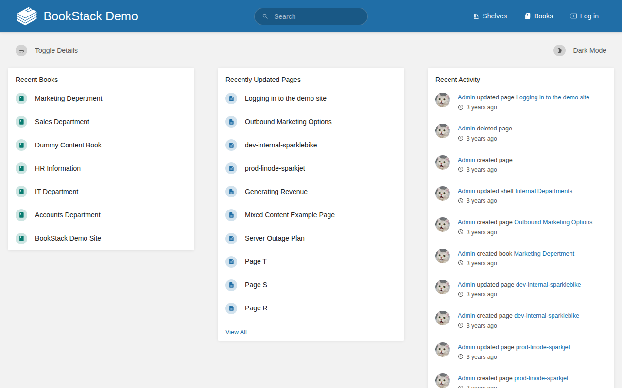 BookStack web interface showing shelves, books, and pages organized in a documentation hierarchy