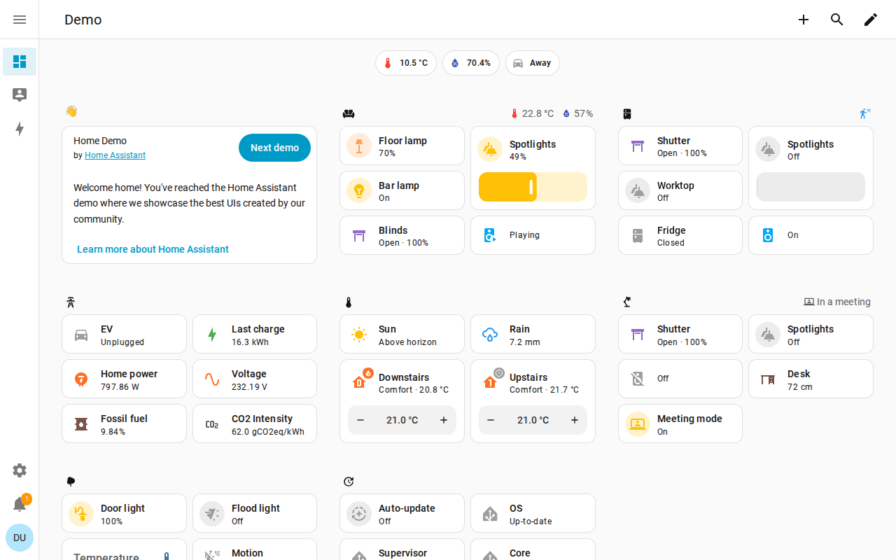 Home Assistant dashboard showing device controls, sensor readings, and automation status
